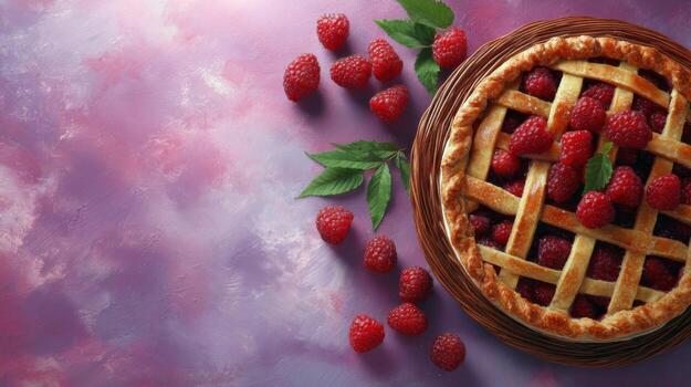 homemade raspberry pie with a lattice crust sits on a wicker trivet, surrounded by fresh raspberries and green leaves, all on a textured purple background photo