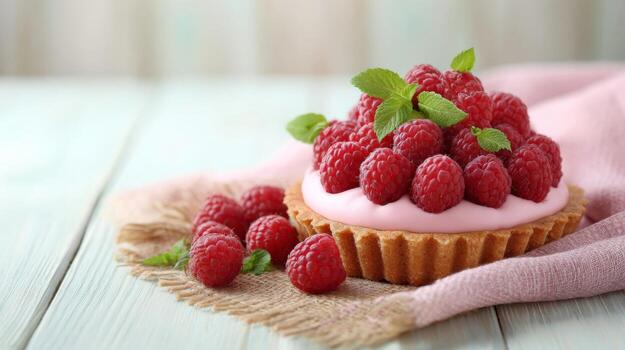 Raspberry tart on a wooden table photo