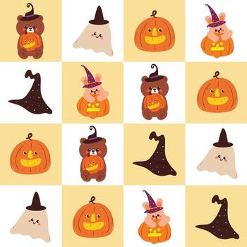 linda modelo dibujos animados oso y conejito con Víspera de Todos los Santos elemento dibujo en labor de retazos antecedentes vector