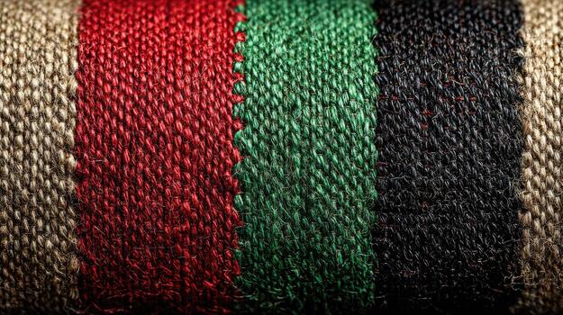 Close-up of textured fabric with red, green, and black threads, showing soft fibers and detailed woven pattern, creating a warm and cozy appearance. photo