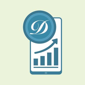 Flat illustration of a smartphone showing a growing bar chart with an upward arrow and a monogram letter D logo, representing digital business growth, branding, and technology success. vector