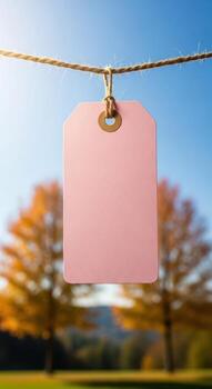 A blank pink tag hanging from a rope with an autumn landscape behind photo