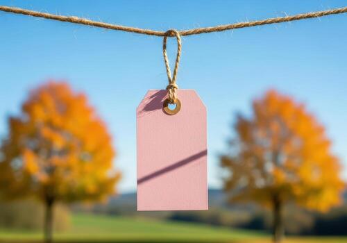 Blank pink tag hanging on a rope with autumn trees in the background photo