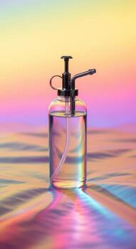 A vintage glass atomizer with a rainbow background and light reflections photo