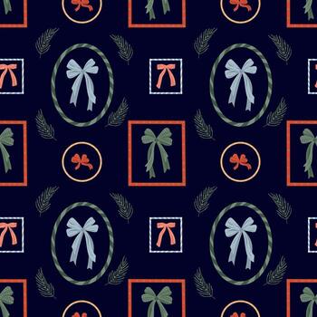 Navidad labor de retazos sin costura modelo en un oscuro antecedentes. linda fiesta enmarcado repetir antecedentes. arco, abeto ramita. geométrico elementos, fronteras, marcos vector