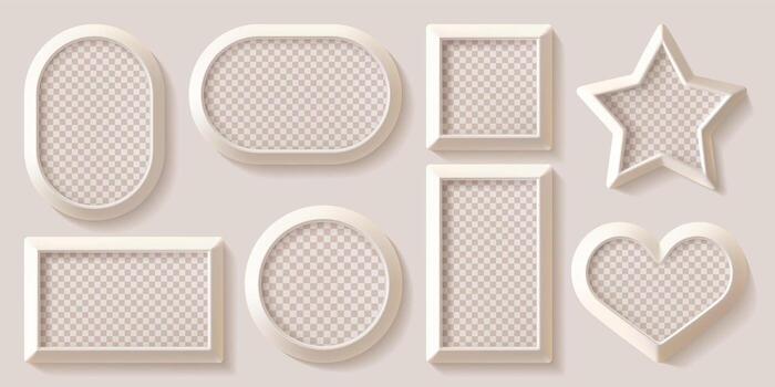 Photo frame set. Light picture on beige wall, mock up. 3d isolated wooden modern poster layout template. Round rectangular, square star, heart ovals shapes of realistic shadow gallery decor vector