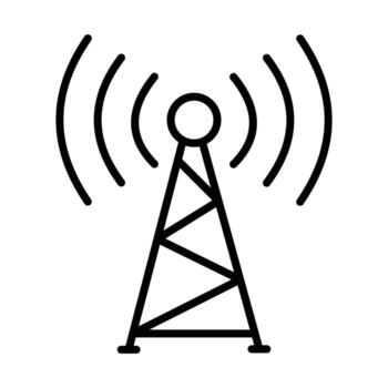 Broadcast tower icon line art symbolizing radio frequency, signal strength, and wireless communication network graphic. vector