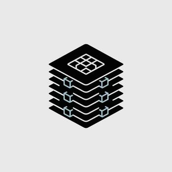 Isometric Minimalist Black and Light Blue Blockchain Ledger Icon Stacked Layers Cubes Data Technology Digital Finance Cryptocurrency Network Security System Graphic Design Element vector