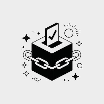 negro cubo isométrica ilustración presentando un blanco cadena enlace envase alrededor eso un votación papel con un marca de verificación dentro el cubo un verde azulado circulo y blanco Starburst formas en un ligero gris vector