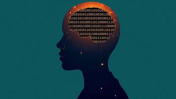 digitale cervello con binario codice dentro umano testa silhouette, artificiale intelligenza concetto mostrando binario codice formatura un' cervello nel un' umano profilo. video
