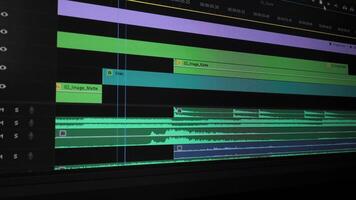 Multitrack timeline with audio and layers in editing software, Detailed view of editing interface showing stacked tracks and audio waveforms. video