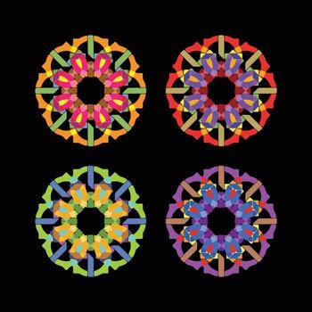 Geometric Circular Pattern with Interlocking Shapes in Orange, Red, Green and Purple Ideal for Decorative Elements and Visual Identity vector