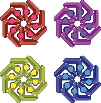 Geometric Circular Pattern with Interlocking Shapes in Red, Purple, Green, and Blue Ideal for Decorative Elements and Visual Identity vector