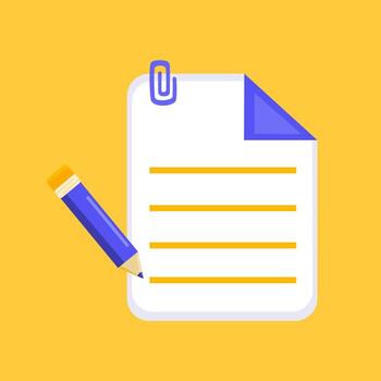 Flat illustration of a document and pencil icon representing writing, editing, or content creation. Flat Icon Illustration vector