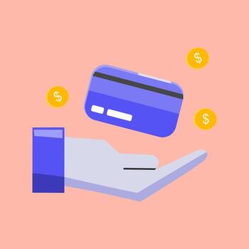 Flat design of a hand holding a credit card, symbolizing e-commerce, online transactions, and secure payments. Flat Icon Illustration vector