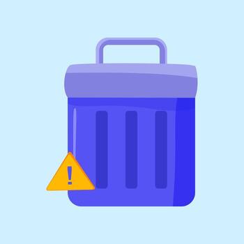 Flat illustration of a trash bin icon with alert sign, representing delete, cleanup, or data removal. Flat Icon Illustration vector