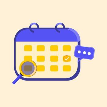 Flat illustration of a calendar with a magnifying glass, representing scheduling, planning, and time management. Flat Icon Illustration vector