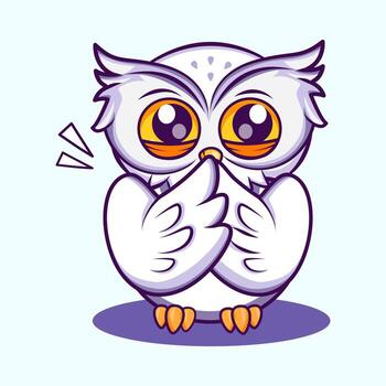 A shy and blushing white owl covering its beak with wings, creating a sweet and bashful expression. Cute Character Mascot Illustration. vector