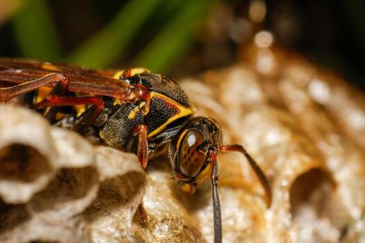 Captivating close-up of a diligent paper wasp on its intricate nest, revealing its vivid yellow and black patterns and the delicate papery architecture of its home photo