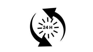 Black 24-hour service loop icon with rotating arrows and time symbol. video