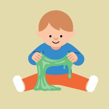 A minimal illustration of a smiling young boy sitting down and happily stretching and playing with a large glob of shiny green slime. vector