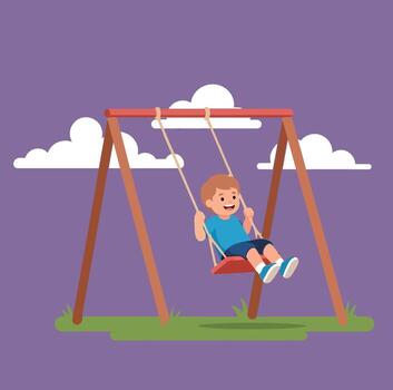 A simple illustration of a smiling boy sitting on a red seat swinging back and forth on a wooden frame at a playground against a purple background with clouds. vector