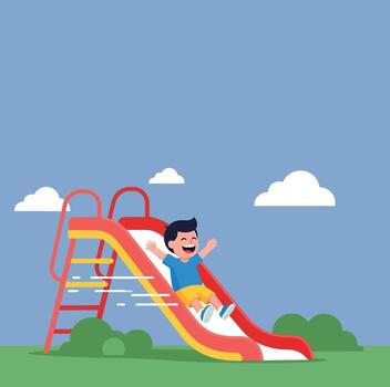An illustration of an ecstatic boy with his arms out, sliding down a red and yellow slide at a playground. vector