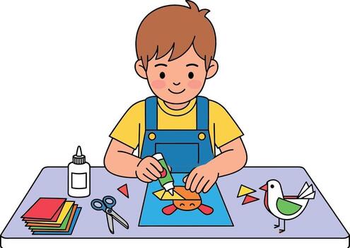 An illustration of a happy boy sitting at a table, using a glue stick to attach colored paper shapes onto a blue background to create an art and craft project vector