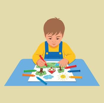 An illustration of a focused boy in yellow and blue overalls sitting at a blue table, using a red crayon to color a picture he drew of a house, trees, a sun, and clouds. vector