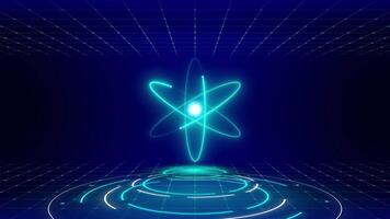 lysande atom modell med kretsande elektroner och data ringar. video