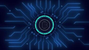Digital Schaltkreis mit glühend Bitcoin Symbol und konzentrisch Ringe. video