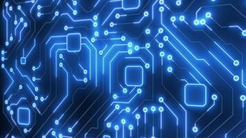 blu circuito tavola percorsi con raggiante nodi e connessioni. video