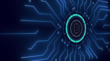 digitale circuito tavola con raggiante bitcoin simbolo e dati. video