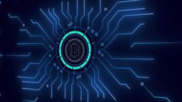 Digital Schaltkreis mit rotierend Ringe und Bitcoin Symbol. video