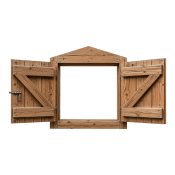 Rustic wooden window frame with open shutters isolated on transparent background png