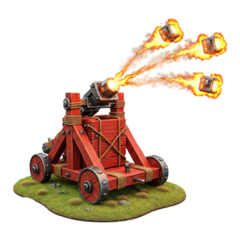 medievale catapulta isolato su trasparente sfondo licenziare fiammeggiante proiettili png