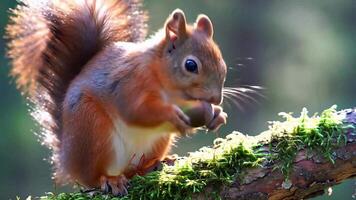 en vackert bakgrundsbelyst röd ekorre med en fluffig svans åtnjuter en nöt på en moss-täckt gren i en lugn solbelyst skog miljö video
