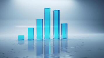 Abstract digital visualization of conceptual data growth, with luminous blue glass bars reflecting on a wet surface, symbolizing progress, analytical insights, and modern technology trends video