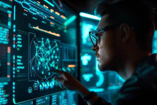 Futuristic data scientist analyzing digital interface with AI-powered visual analytics dashboard, showing network connections, cybersecurity graphs, and technology innovation photo