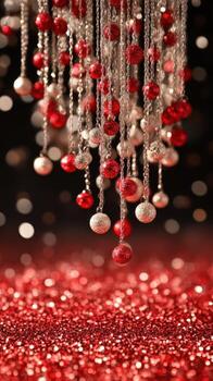 Red and silver ornaments cascade down, glittering against a dark, bokeh-lit backdrop photo
