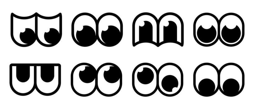 Collection of expressive cartoon eyes with different emotions. A set of black and white character eye shapes with eyelids for creating funny faces, mascots, or stickers. vector
