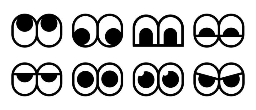 Collection of bold cartoon eye icons. A set of simple black and white character expressions with a thick outline for creating modern mascots or stickers. vector