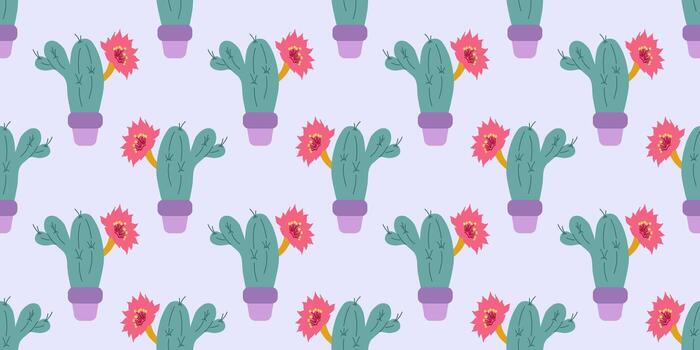 sin costura modelo con floreciente cactus en ollas en el azul antecedentes. de moda botánico diseño para textiles, fondos de pantalla, regalo envoltura, embalaje, papelería, marca vector