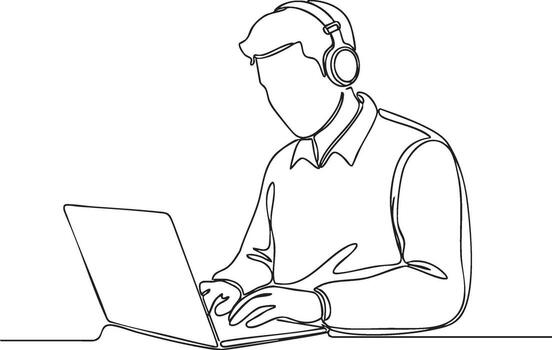 continuous line drawing of person with headphones using laptop, remote work, online learning, coding vector