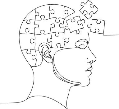 continuo línea dibujo de humano cabeza con rompecabezas piezas, mental salud, problema resolviendo concepto vector