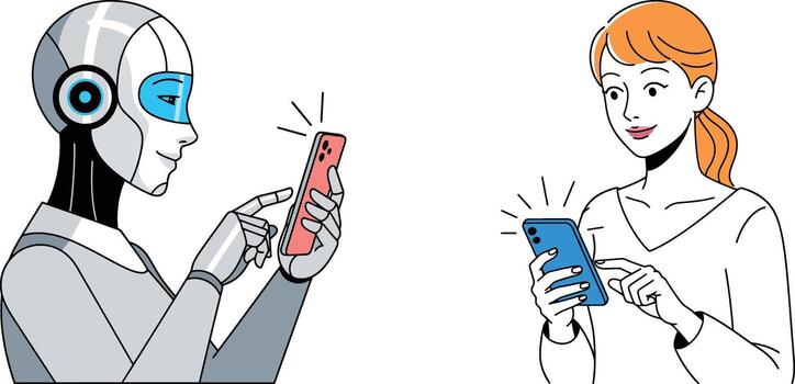 robot y mujer interactuando con teléfonos inteligentes, ai integración, humano-robot comunicación, futuro tecnología vector