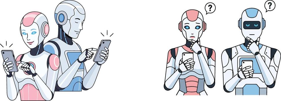 contento y confuso robots con teléfonos inteligentes, ai emoción, problema resolviendo, tecnología Interacción vector