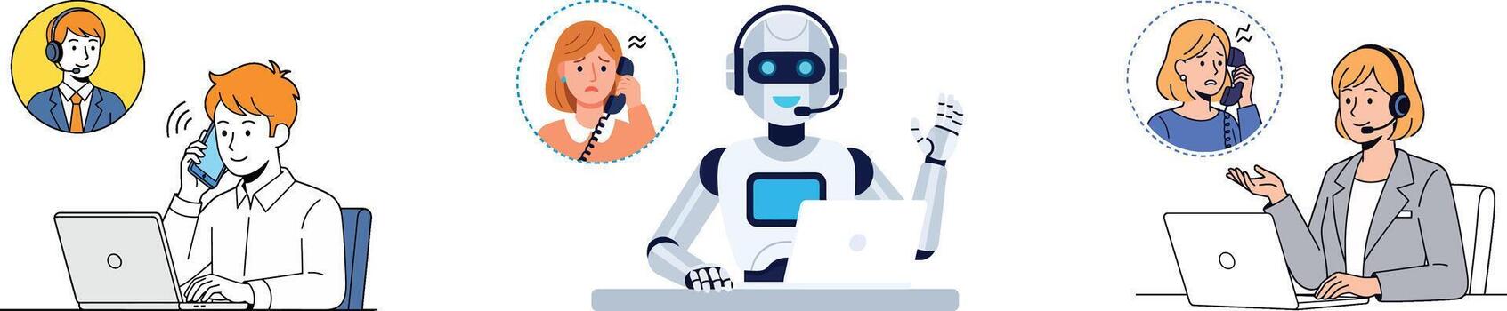 llamada centrar apoyo con humano y robot operadores, cliente servicio, mesa de ayuda, comunicación vector