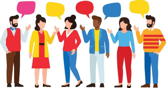 A diverse group of people talking with speech bubbles, communication, and social networking concept. vector