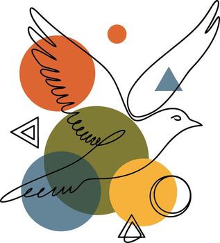 Flying dove one line art drawing abstract bird with colorful geometric shapes and circles. vector